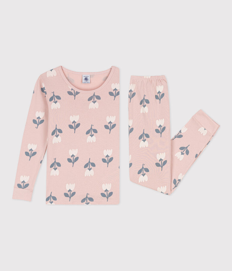 Pyjama ajust&eacute; en coton petite fille rose SALINE/blanc MULTICO