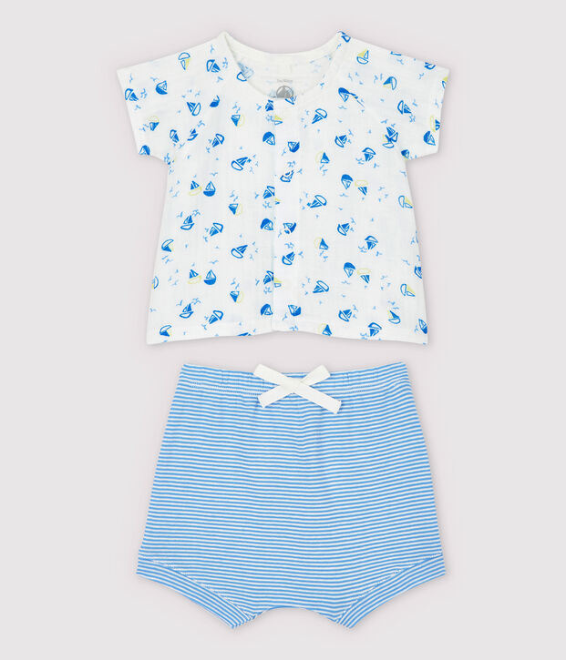 Ensemble 2 pi&egrave;ces bleu b&eacute;b&eacute; en tissu couche et coton biologique blanc/multicouleur