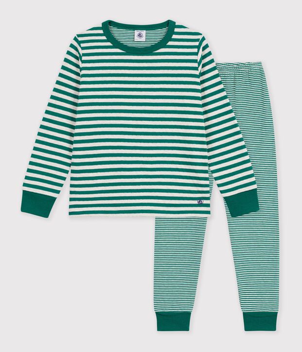 Pyjama enfant en tubique &agrave; rayures vert/beige