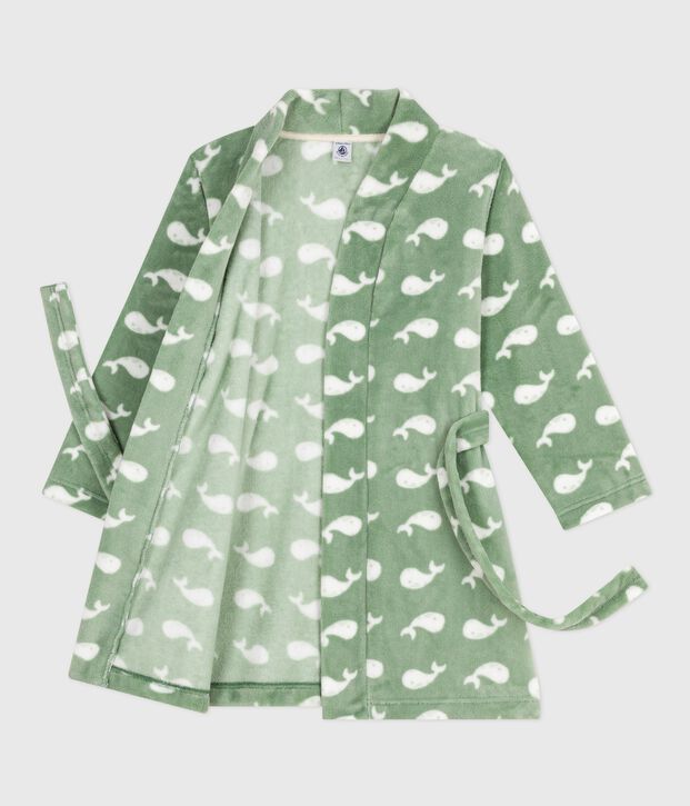 Robe de chambre enfant en polaire imprim&eacute; vert/blanc