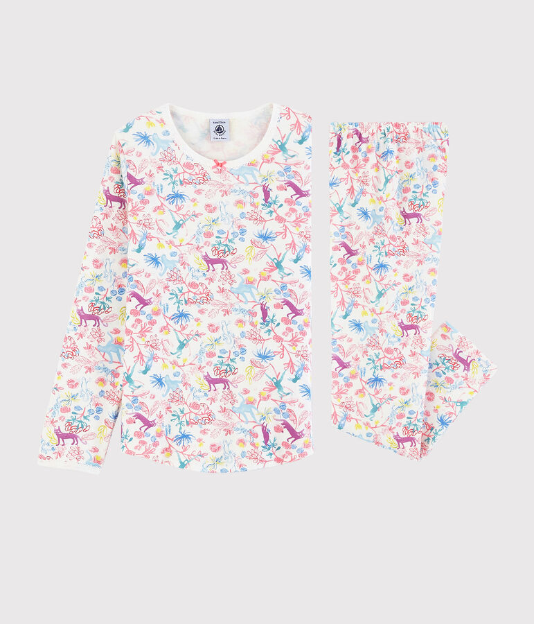 Pyjama imprim&eacute; jungle petite fille en coton blanc MARSHMALLOW/blanc MULTICO