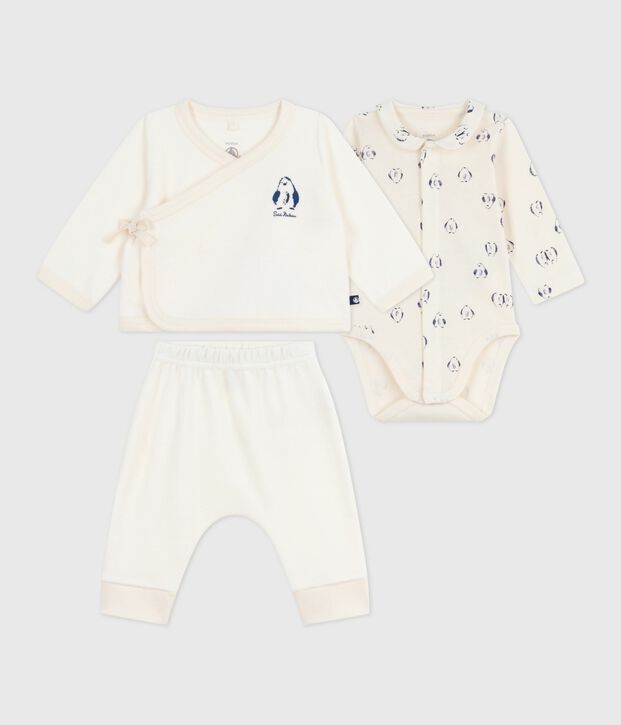 Ensemble b&eacute;b&eacute; 3 pi&egrave;ces cache-c&oelig;ur et body imprim&eacute; pingouins blanc cass&eacute;