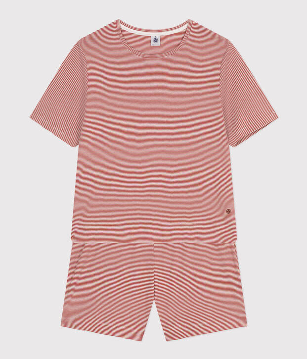 Pyjama short et tee-shirt en coton ray&eacute; femme marron/blanc