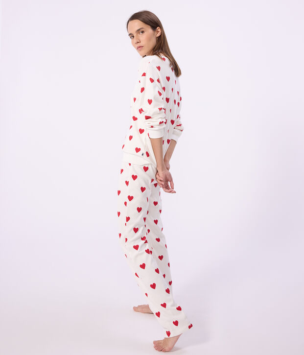 Pyjama femme en coton imprim&eacute; c&oelig;urs blanc/rouge