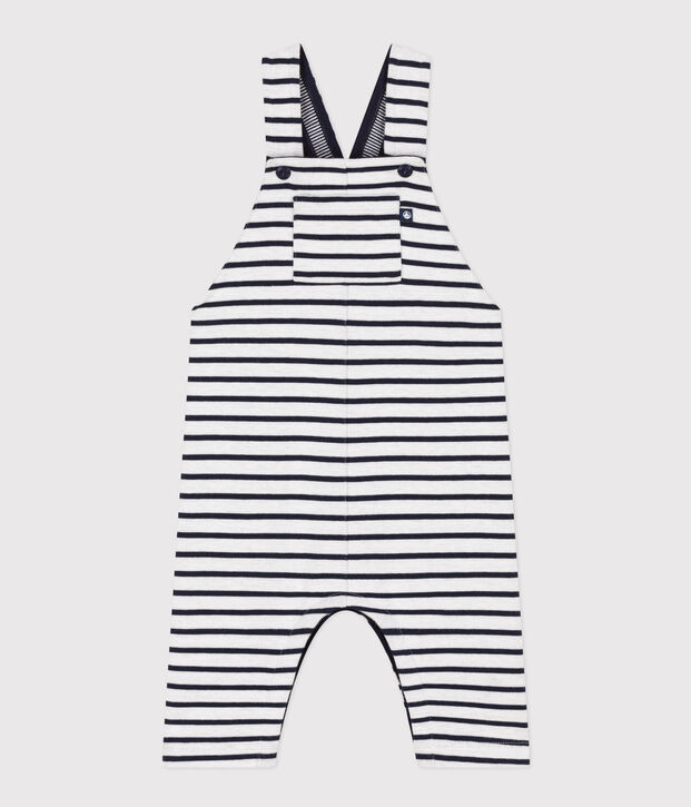 Salopette longue en jersey &eacute;pais ray&eacute; b&eacute;b&eacute; blanc/bleu