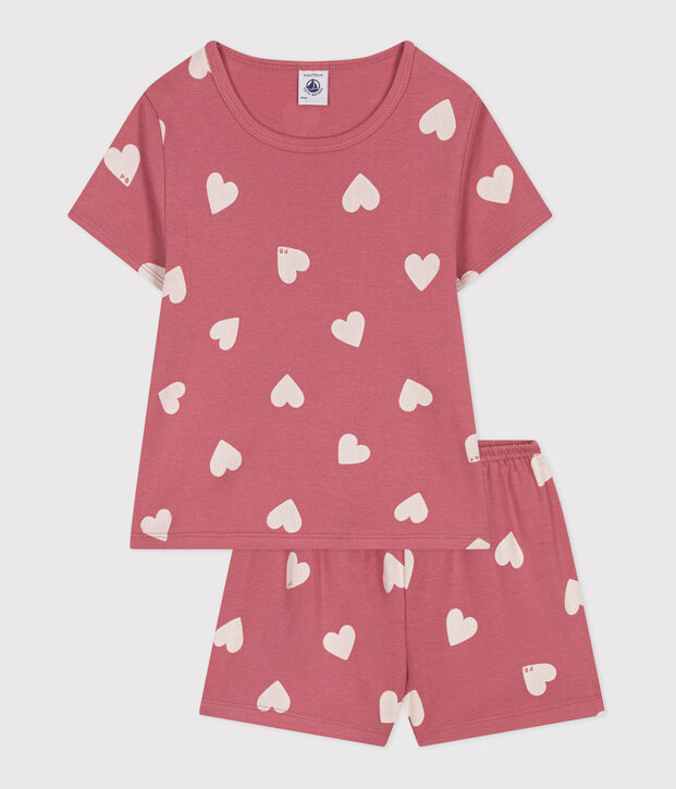 Pyjama short enfant en coton coeurs rose/blanc