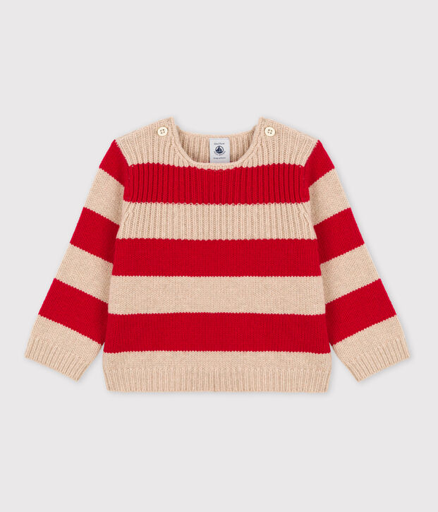 Pull b&eacute;b&eacute; ray&eacute; en tricot de laine et coton beige/rouge