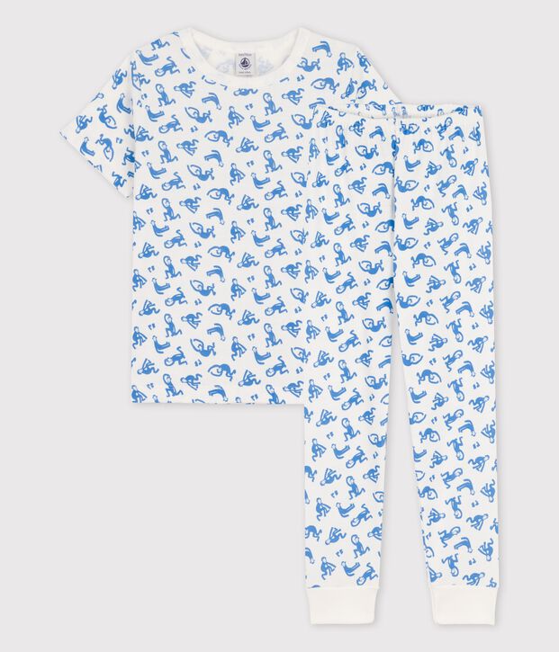 Pyjama manches courtes singes petit gar&ccedil;on en coton blanc/bleu