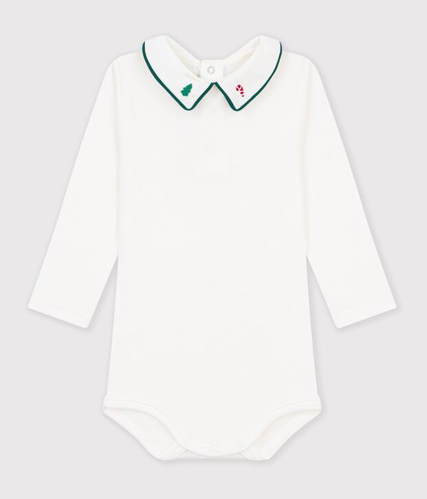 Body b&eacute;b&eacute; en coton uni &agrave; col brod&eacute; blanc