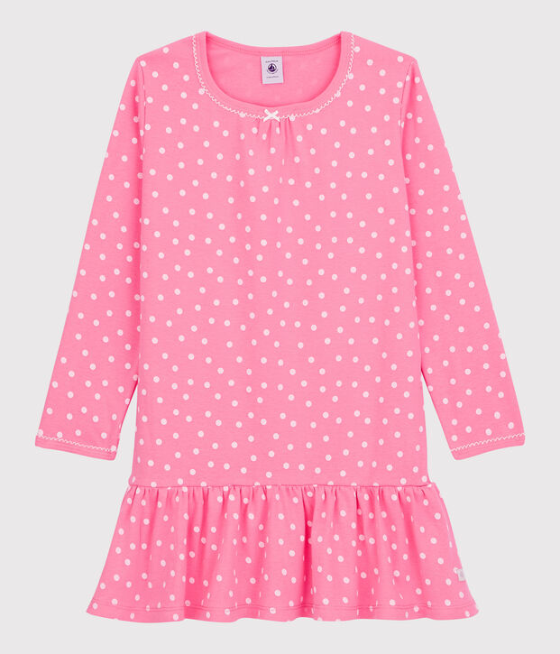 Chemise de nuit volant&eacute;e petite fille en coton rose/blanc