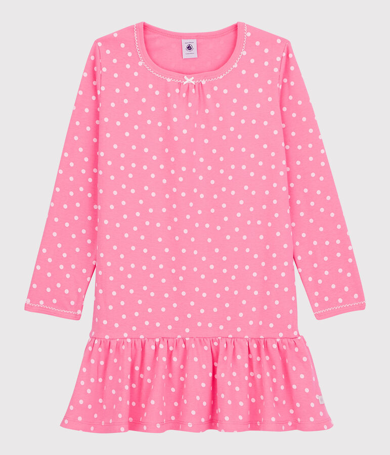 Chemise de nuit volant&eacute;e petite fille en coton rose PETAL/blanc ECUME