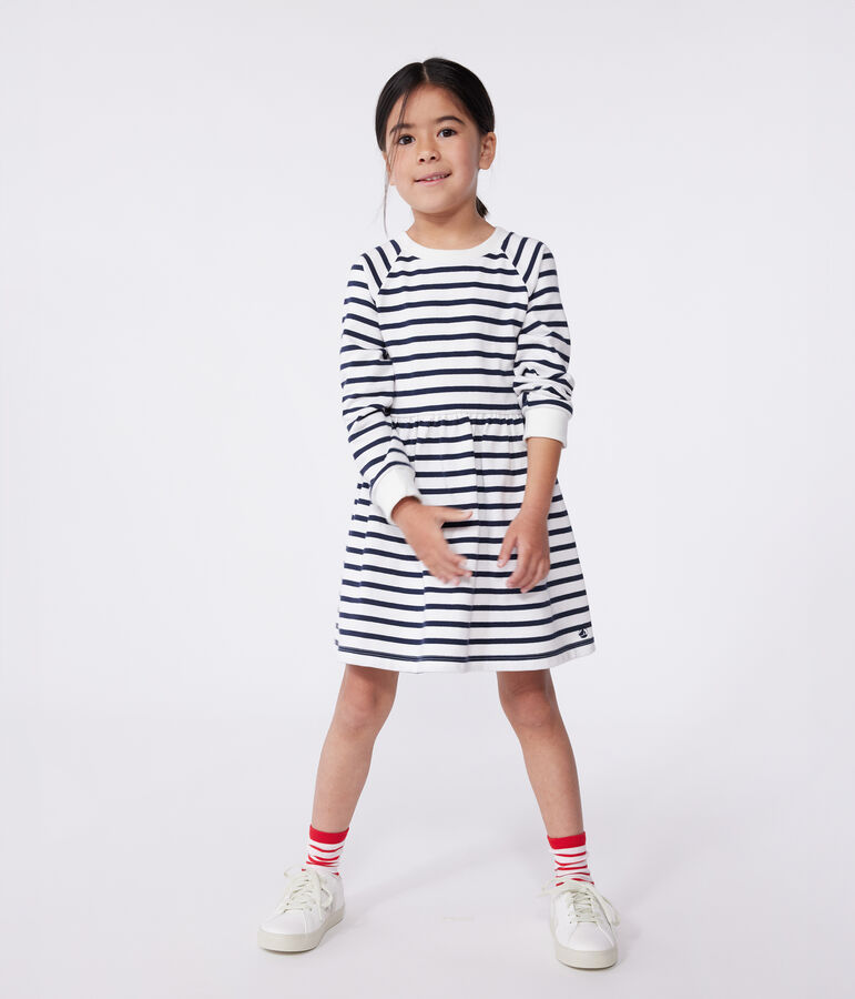 Robe enfant en coton manches longues &agrave; rayures blanc MARSHMALLOW/bleu SMOKING