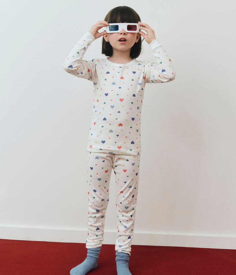Pyjama enfant en coton tr&egrave;s ajust&eacute; imprim&eacute; c&oelig;urs blanc MARSHMALLOW/blanc MULTICO