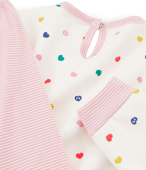 Chemise de nuit manches longues &agrave; coeurs petite fille en jersey double face blanc/multicouleur