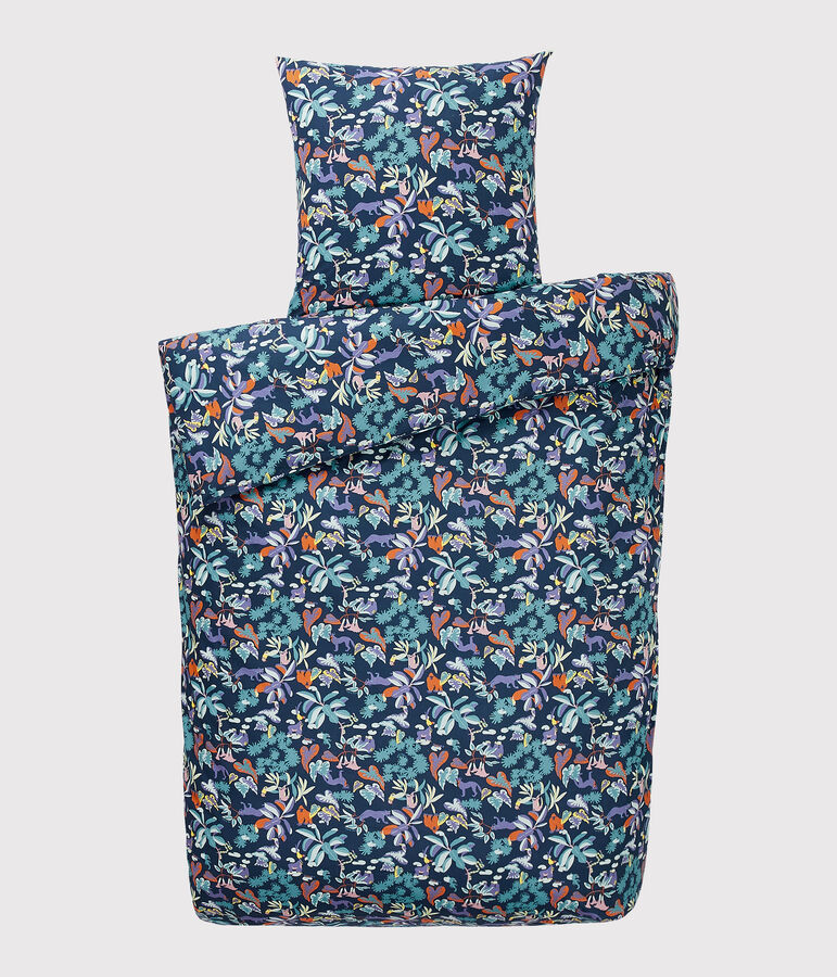 Parure de lit imprim&eacute;e jungle en popeline bleu MEDIEVAL/blanc MULTICO