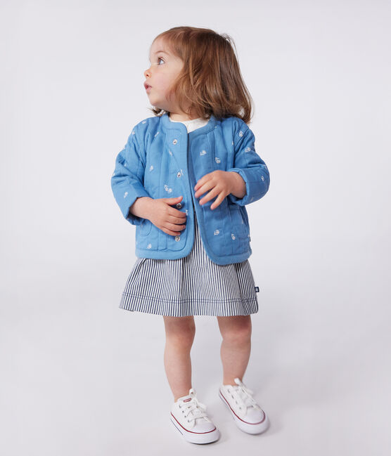 Veste bébé en coton matelassée, imprimé petites fleurs bleu ALASKA/blanc MARSHMALLOW
