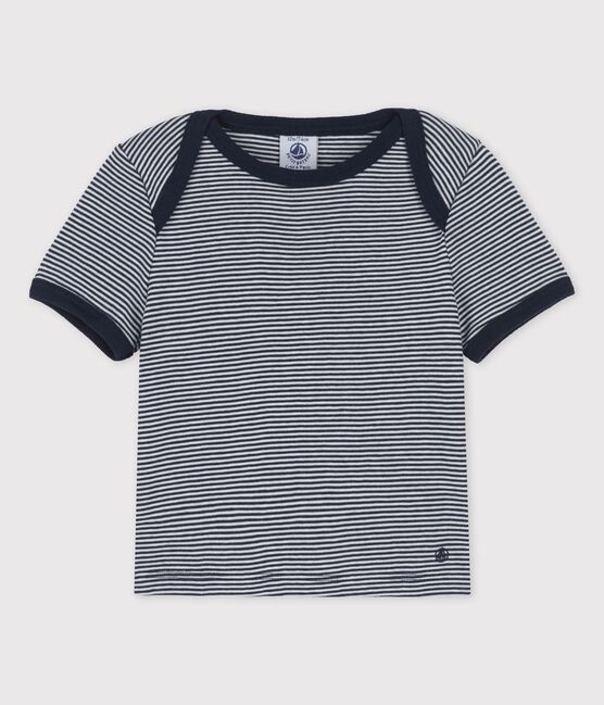 Tee-shirt manches courtes rayé milleraies en coton bio bébé bleu SMOKING/blanc MARSHMALLOW