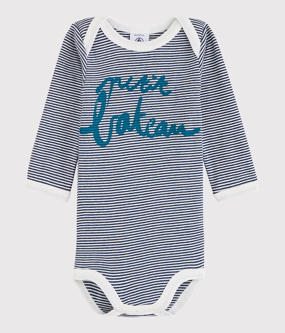 Body manches longues bébé fille-garçon bleu MEDIEVAL/blanc MARSHMALLOW