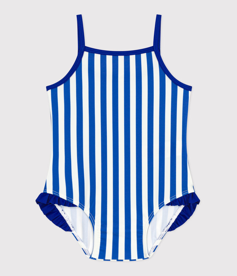 Maillot de bain b&eacute;b&eacute; une pi&egrave;ce &agrave; volants, imprim&eacute; ray&eacute; bleu SURF/blanc MARSHMALLOW