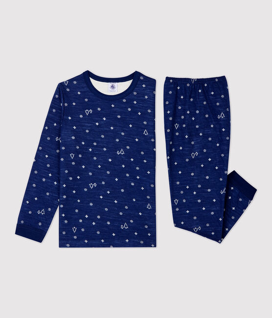 Pyjama jacquard flocons en laine et coton enfant bleu MEDIEVAL/blanc MARSHMALLOW