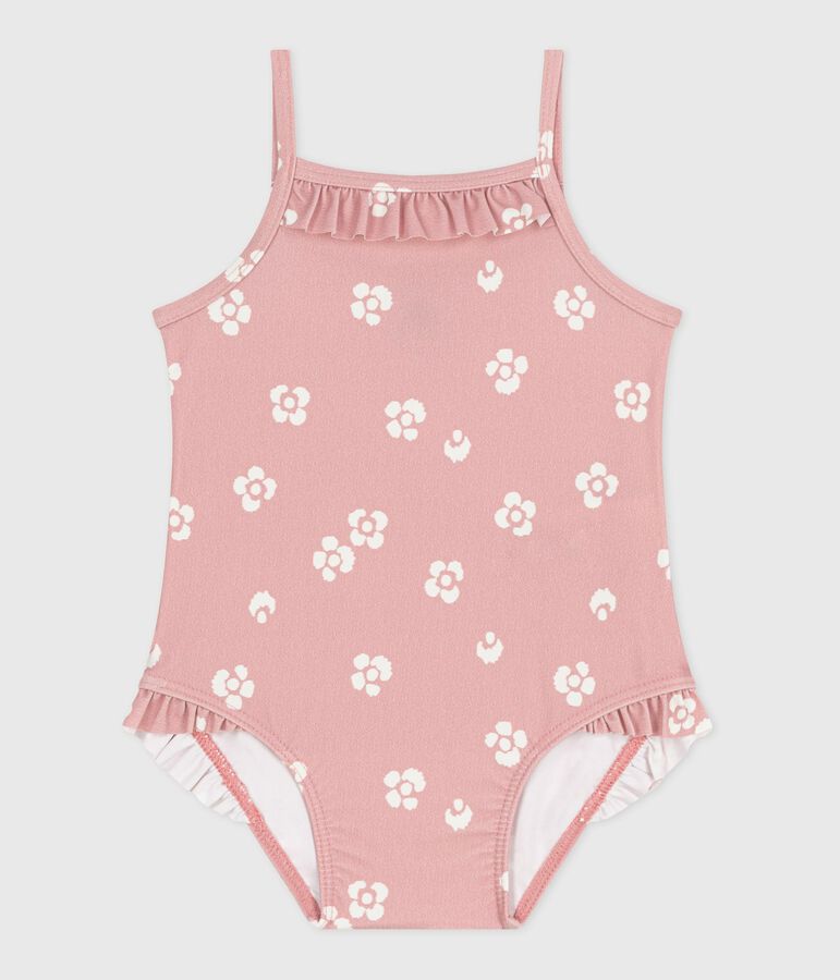 Maillot de bain b&eacute;b&eacute; une pi&egrave;ce &agrave; volants, imprim&eacute; fleuri rose CHARME/blanc MARSHMALLOW