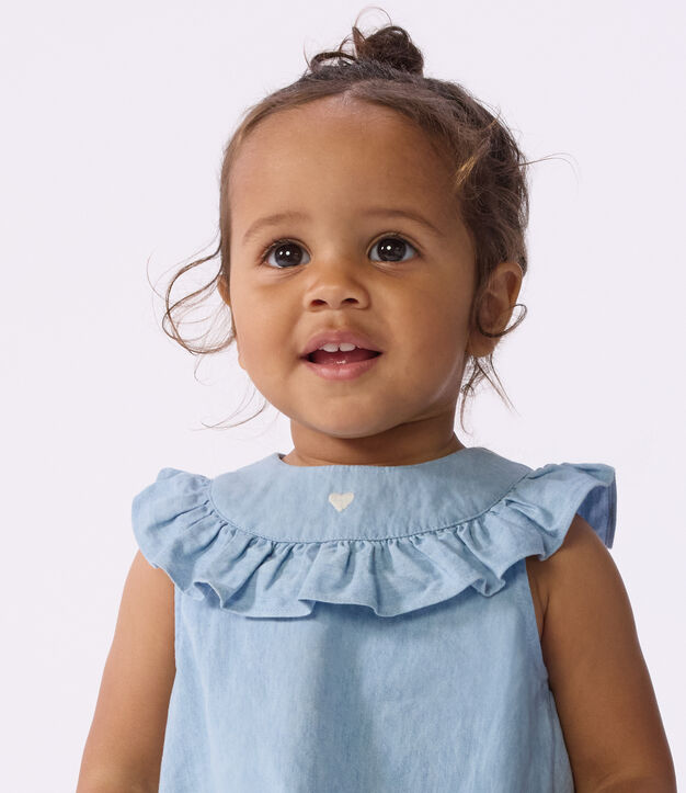 Blouse b&eacute;b&eacute; en coton sans manches en chambray brod&eacute; bleu