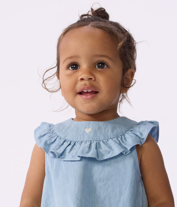 Blouse b&eacute;b&eacute; en coton sans manches en chambray brod&eacute; bleu