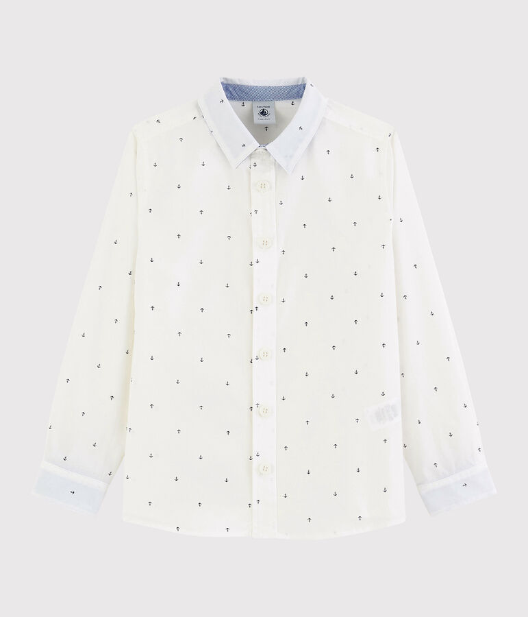 Chemise manches longues en popeline enfant gar&ccedil;on blanc MARSHMALLOW/bleu SMOKING