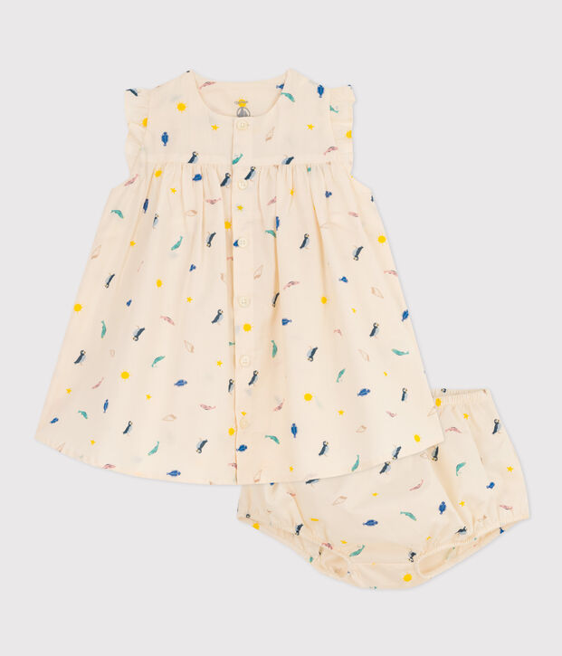Robe et bloomer imprim&eacute;s en popeline b&eacute;b&eacute; &eacute;cru/multicouleur
