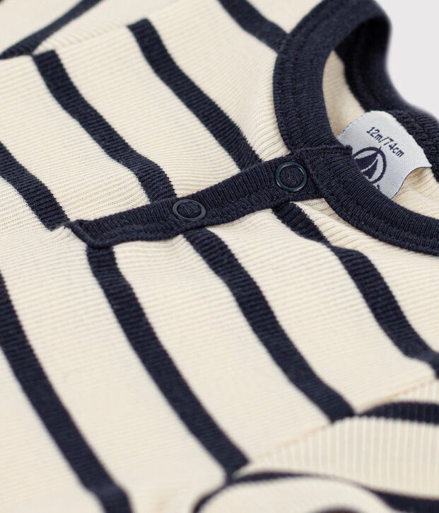 Body manches courtes b&eacute;b&eacute; en maille c&ocirc;tel&eacute;e ray&eacute;e &eacute;cru/bleu