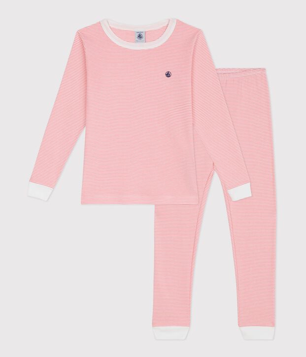 Pyjama tr&egrave;s ajust&eacute; enfant en coton &agrave; rayures rose/blanc