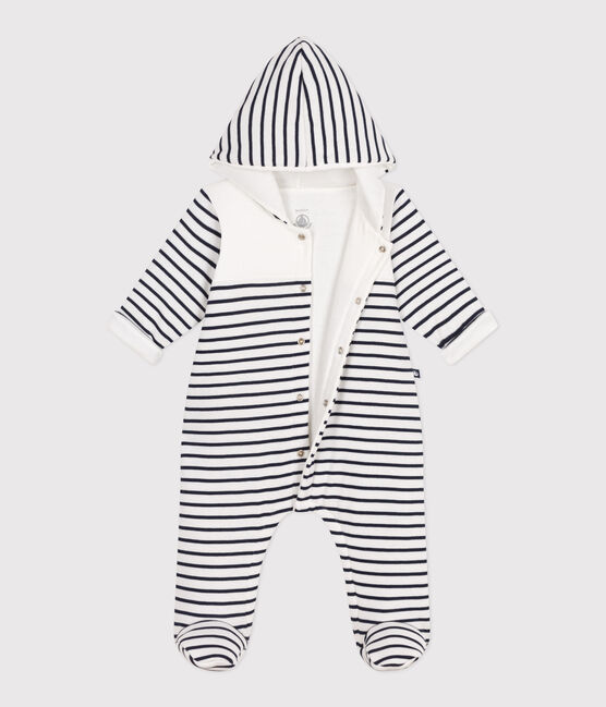 Combinaison bébé ouatinée à capuche et pieds, marinière blanc MARSHMALLOW/bleu SMOKING