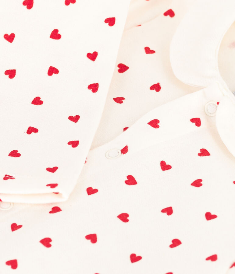 Combinaison longue en molleton imprim&eacute; petits c&oelig;urs b&eacute;b&eacute; blanc MARSHMALLOW/rouge TERKUIT