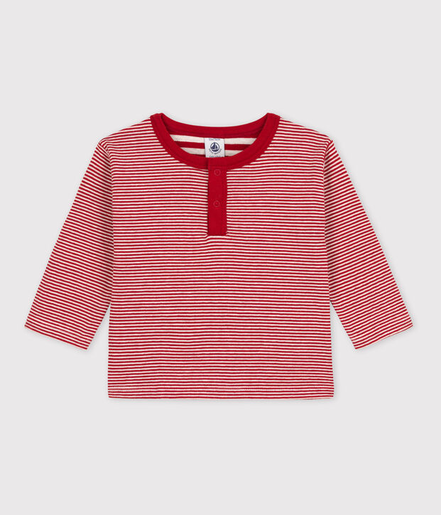 Tee-shirt manches longues b&eacute;b&eacute; milleraies en tubique rouge/beige