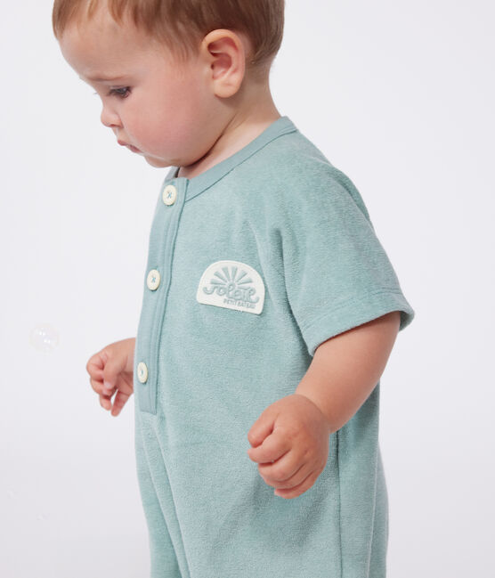 Combicourte bébé en coton éponge manches courtes unie et badge vert PAUL