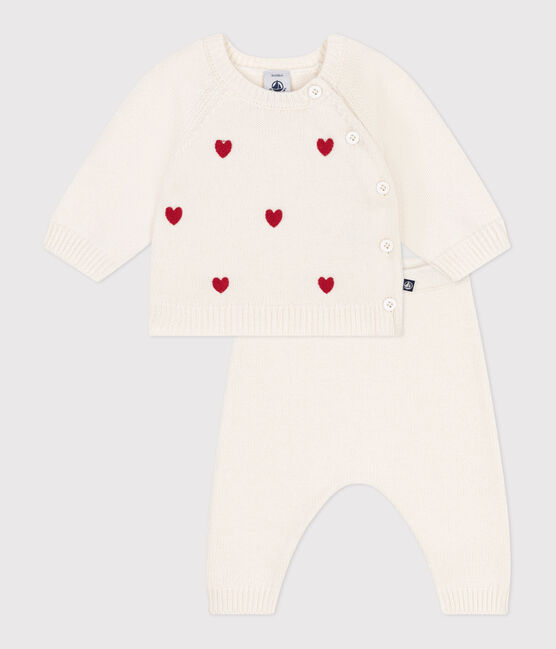 Ensemble 2 pièces bébé en tricot et cœurs brodés rouge MARSHMALLOW/ POMPEI