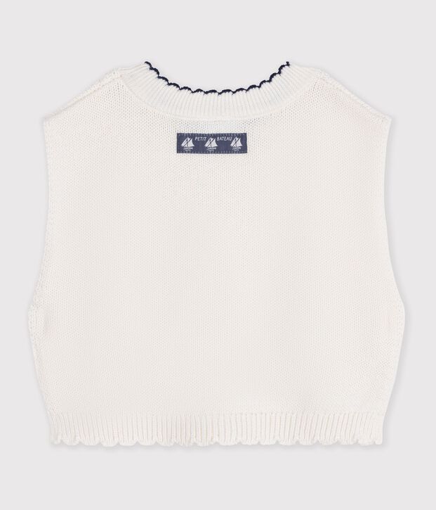 Pull b&eacute;b&eacute; en tricot laine et coton sans manches blanc