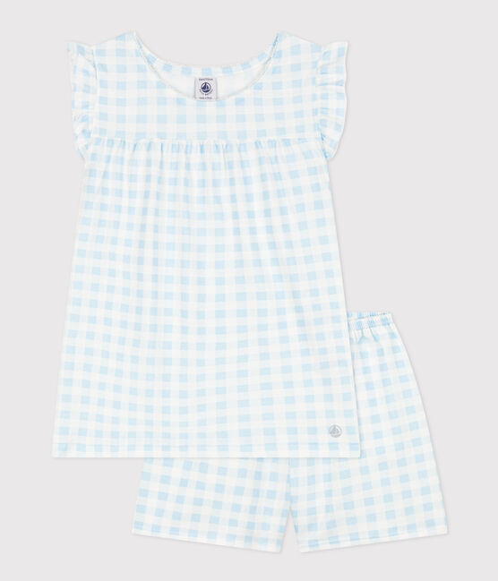 Pyjacourt imprimé vichy en coton fin petite fille bleu MARSHMALLOW/blanc GOMME