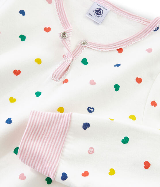 Pyjama petite fille taille montante en jersey double face blanc MARSHMALLOW/blanc MULTICO