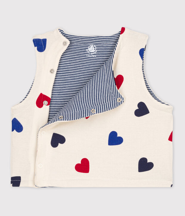Gilet sans manche b&eacute;b&eacute; c&oelig;ur reversible en coton &eacute;cru/multicouleur