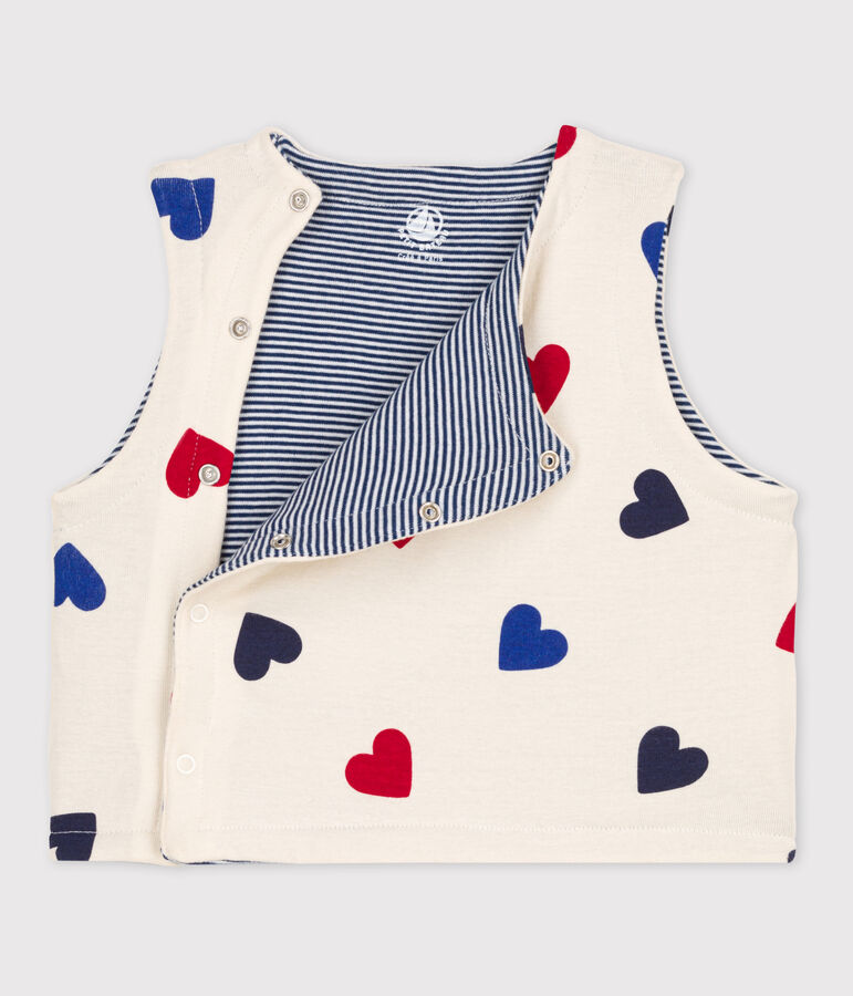 Gilet sans manche b&eacute;b&eacute; c&oelig;ur reversible en coton &eacute;cru/multicouleur