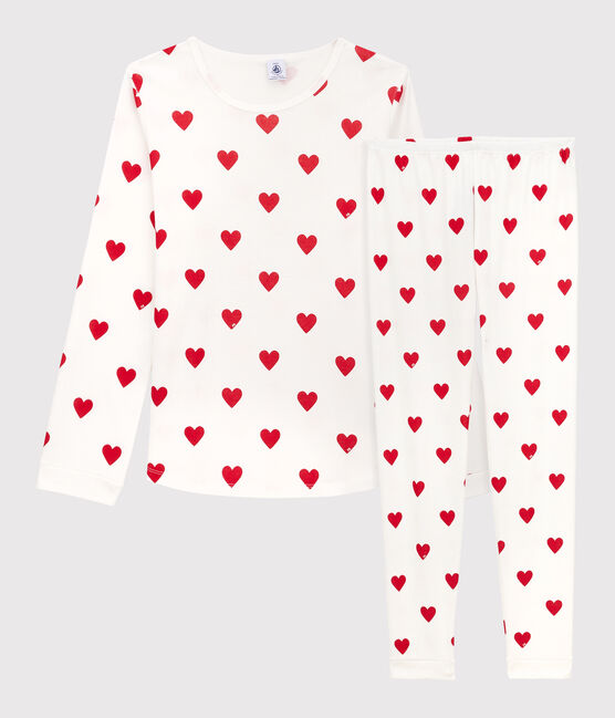 Pyjama fille imprimé cœurs en côte blanc MARSHMALLOW/rouge TERKUIT