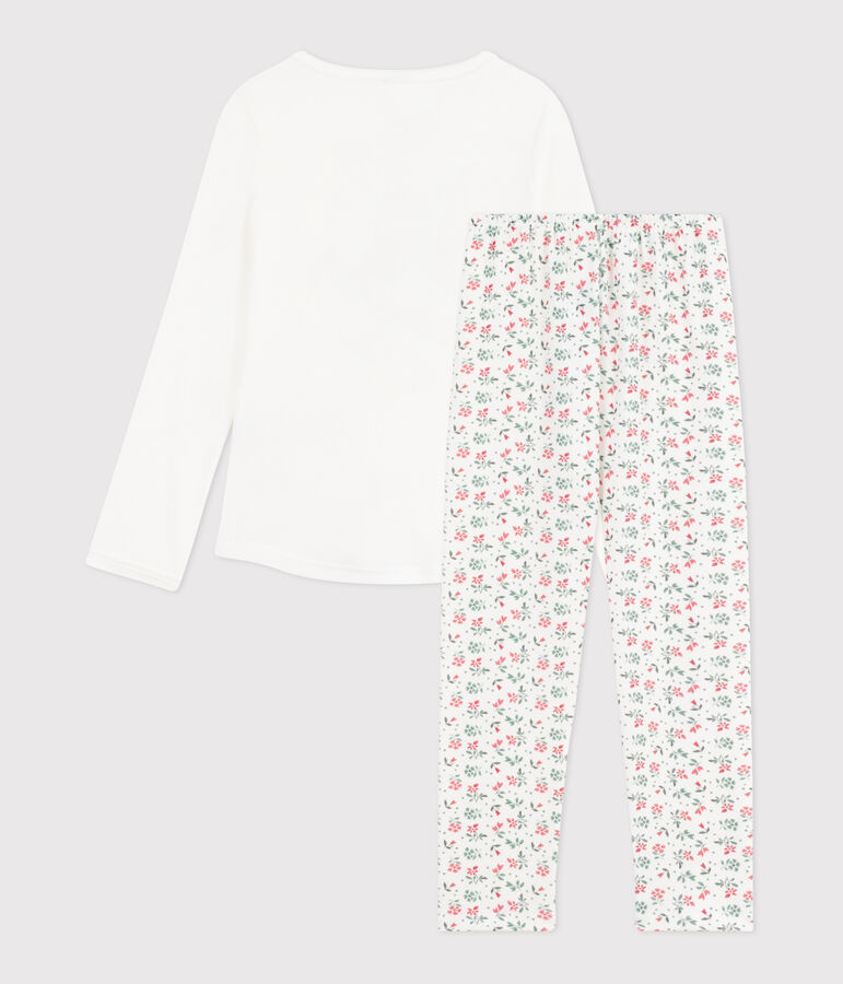 Pyjama enfant en coton imprim&eacute; fleuri blanc MARSHMALLOW/blanc MULTICO