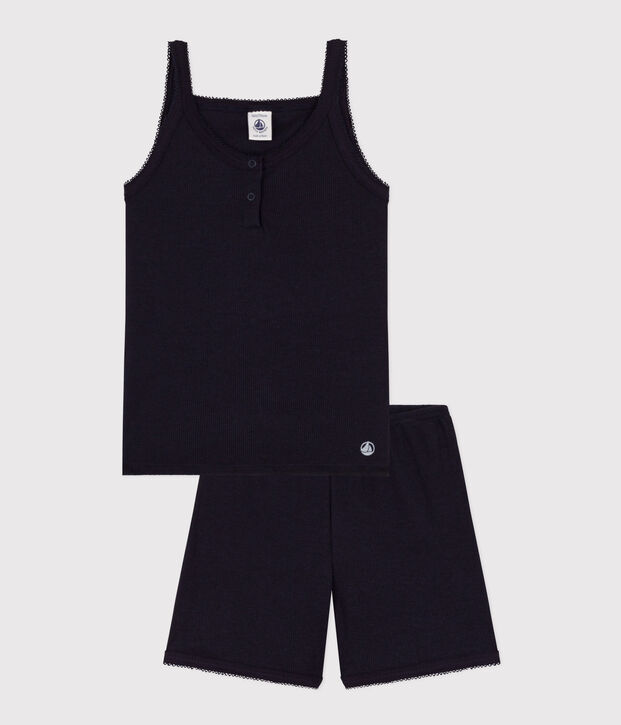 Pyjacourt &agrave; bretelles uni en coton et lyocell petite fille bleu