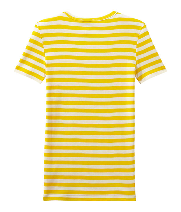 T-shirt femme col V en c&ocirc;te originale ray&eacute;e jaune/blanc