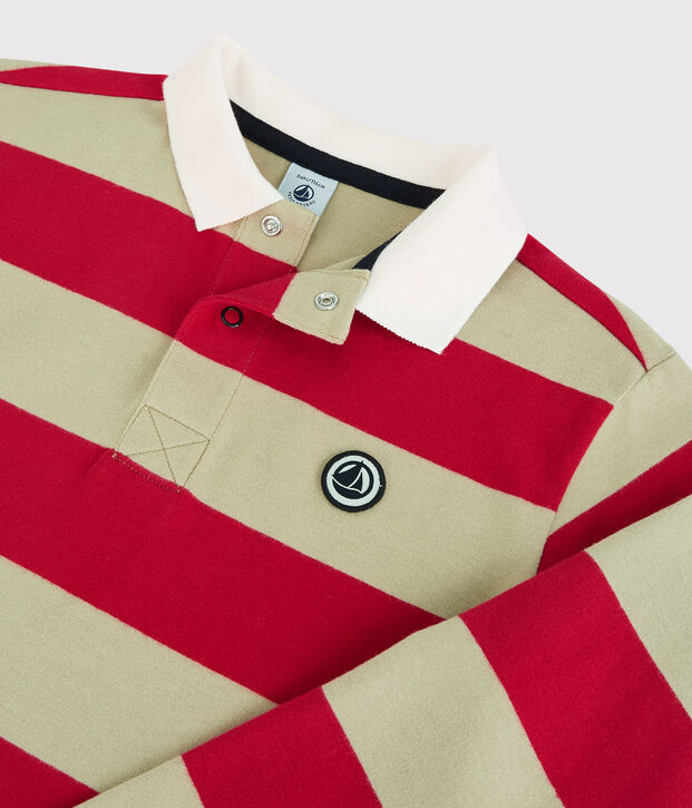 Polo manches longues ray&eacute;s en coton enfant gar&ccedil;on rouge/beige