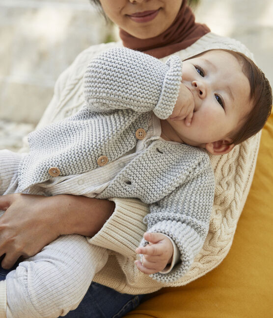 Cardigan bébé tricot point mousse en coton gris BELUGA CHINE