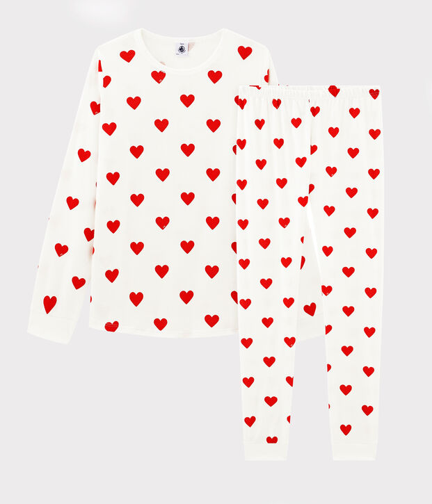 Pyjama fille-femme imprim&eacute; c&oelig;urs en c&ocirc;te blanc/rouge