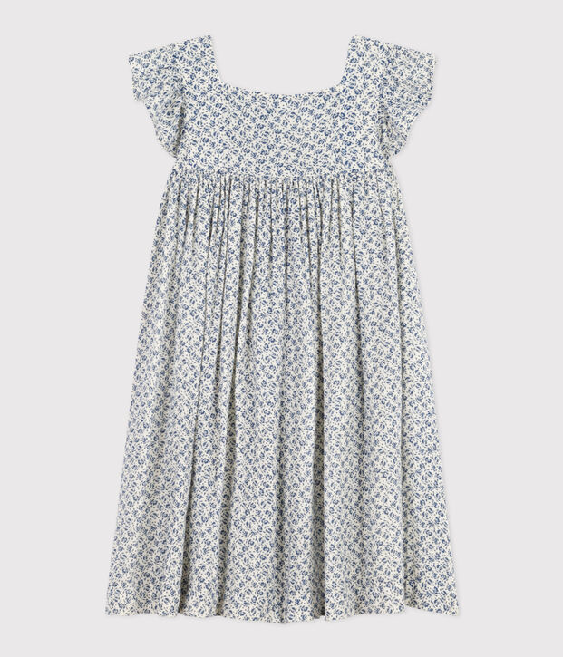 Robe imprim&eacute;e sans manche en gaze de coton enfant fille &eacute;cru/bleu