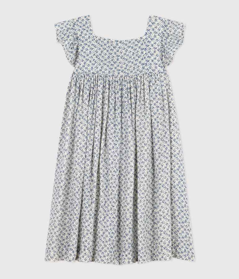Robe imprim&eacute;e sans manche en gaze de coton enfant fille &eacute;cru/bleu